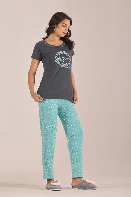 Sweet Moon Knit Cotton Pyjama Set - Pastelblue Darkgrey — image 4